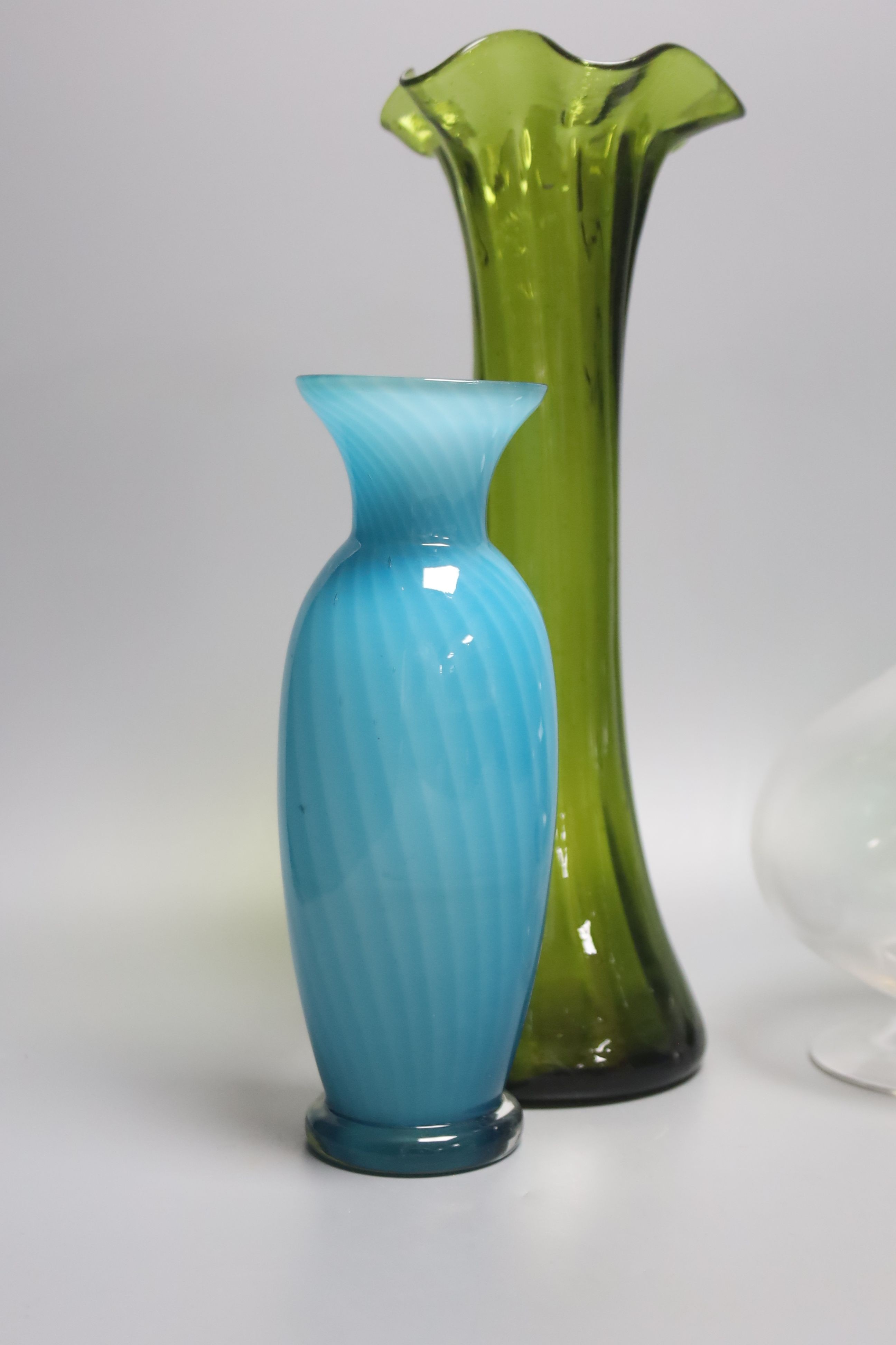 Two green glass hyacinth vases, a carafe and two other vases 30.5cm